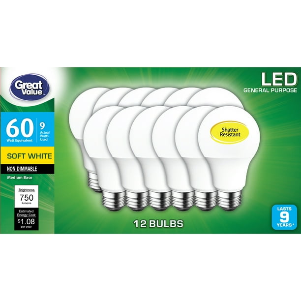 Great Value LED 9 Watts Soft White Medium Base Bulbs 12 Count 